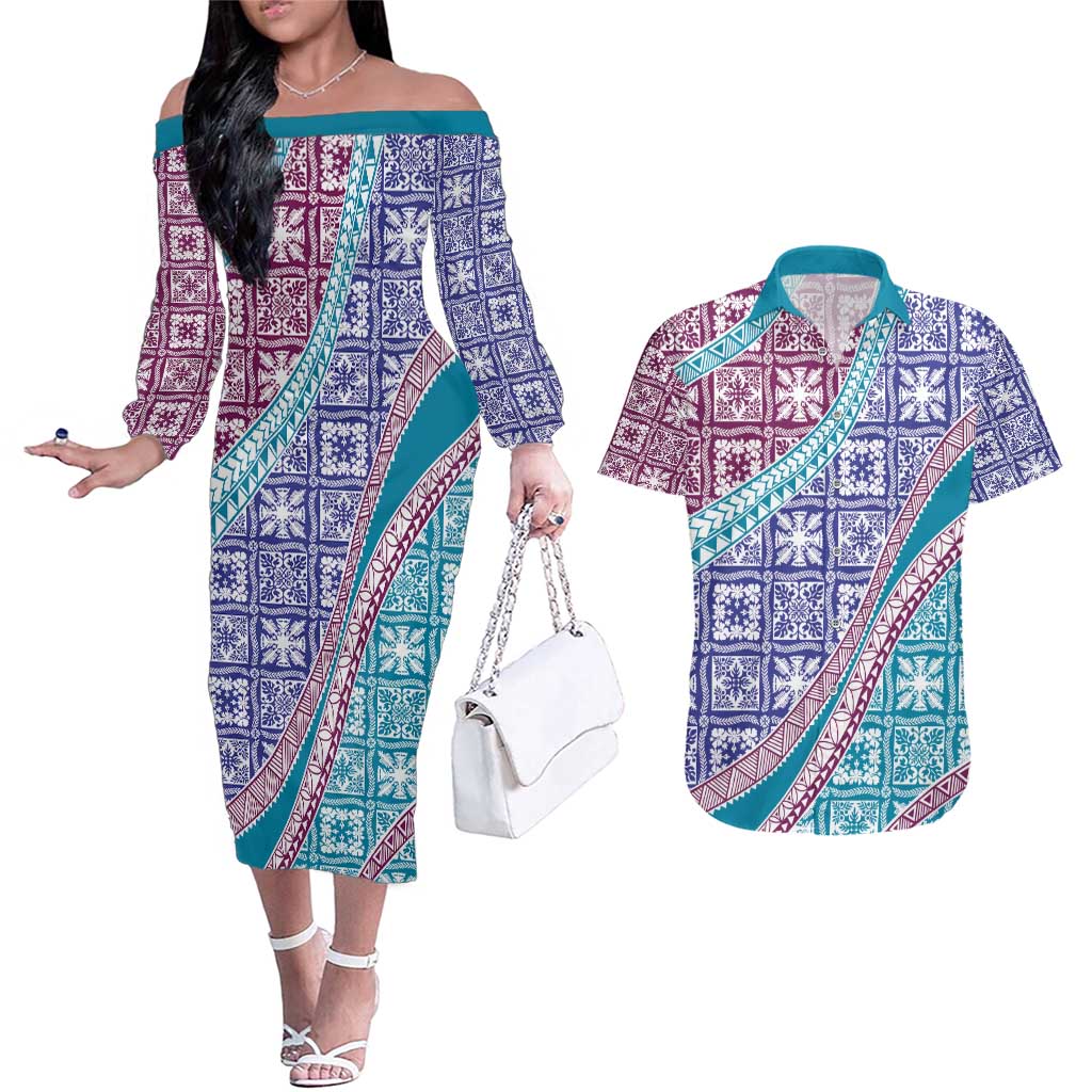 Hawaiian Quilt Pattern Couples Matching Off The Shoulder Long Sleeve Dress and Hawaiian Shirt Purple Blue Color Mixed - Polynesian Pride