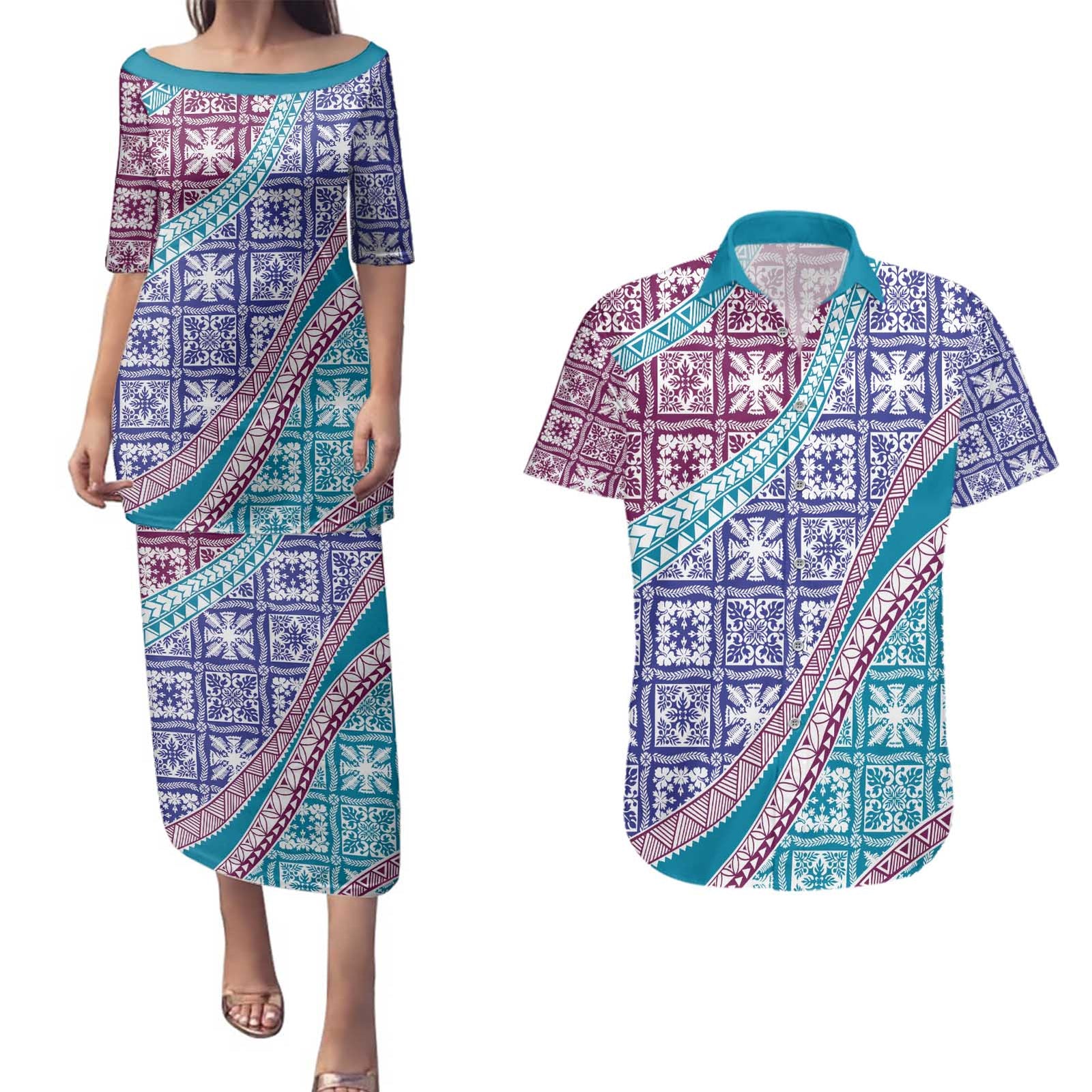 Hawaiian Quilt Pattern Couples Matching Puletasi and Hawaiian Shirt Purple Blue Color Mixed - Polynesian Pride