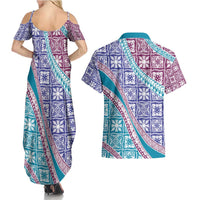 Hawaiian Quilt Pattern Couples Matching Summer Maxi Dress and Hawaiian Shirt Purple Blue Color Mixed - Polynesian Pride