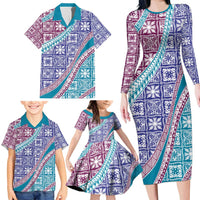 Hawaiian Quilt Pattern Family Matching Long Sleeve Bodycon Dress and Hawaiian Shirt Purple Blue Color Mixed - Polynesian Pride