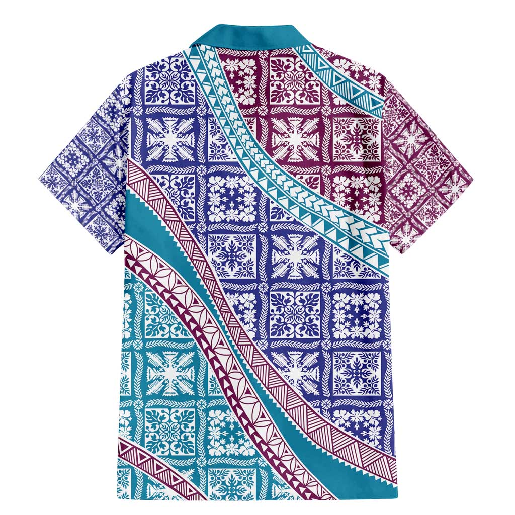 Hawaiian Quilt Pattern Family Matching Mermaid Dress and Hawaiian Shirt Purple Blue Color Mixed - Polynesian Pride