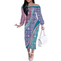 Hawaiian Quilt Pattern Family Matching Off The Shoulder Long Sleeve Dress and Hawaiian Shirt Purple Blue Color Mixed - Polynesian Pride