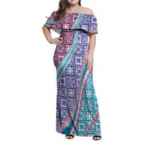 Hawaiian Quilt Pattern Family Matching Off Shoulder Maxi Dress and Hawaiian Shirt Purple Blue Color Mixed - Polynesian Pride
