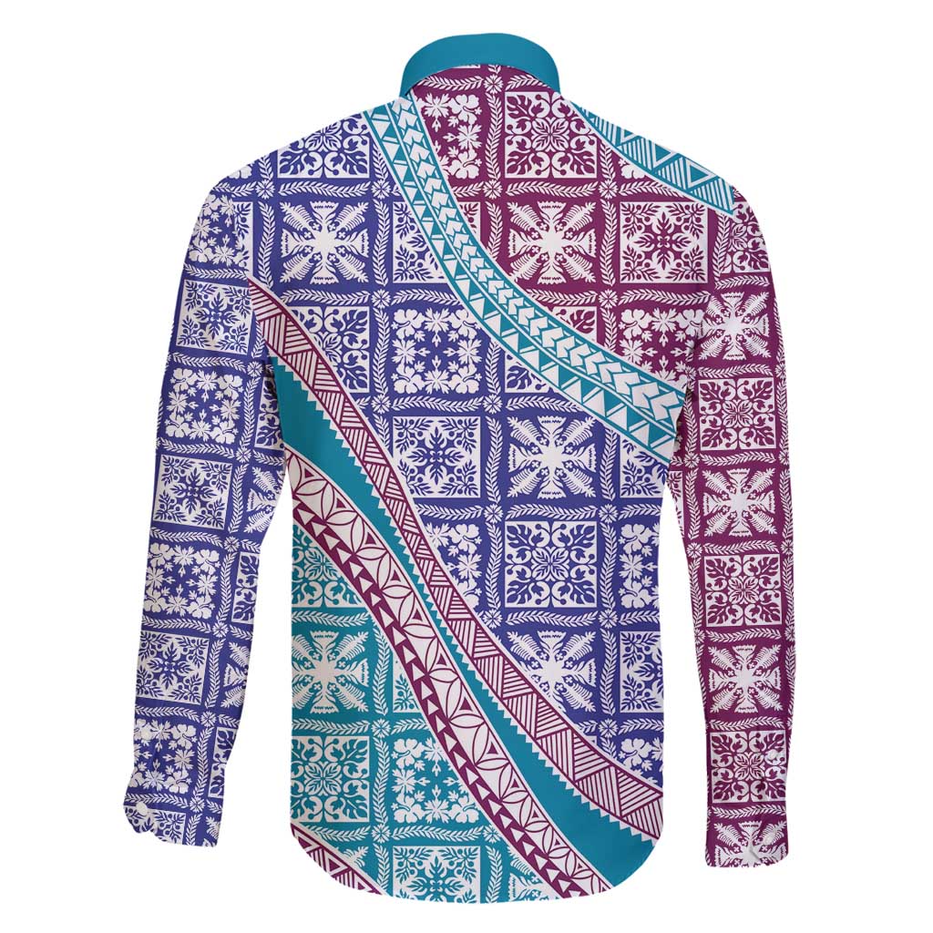 Hawaiian Quilt Pattern Family Matching Off Shoulder Short Dress and Hawaiian Shirt Purple Blue Color Mixed - Polynesian Pride