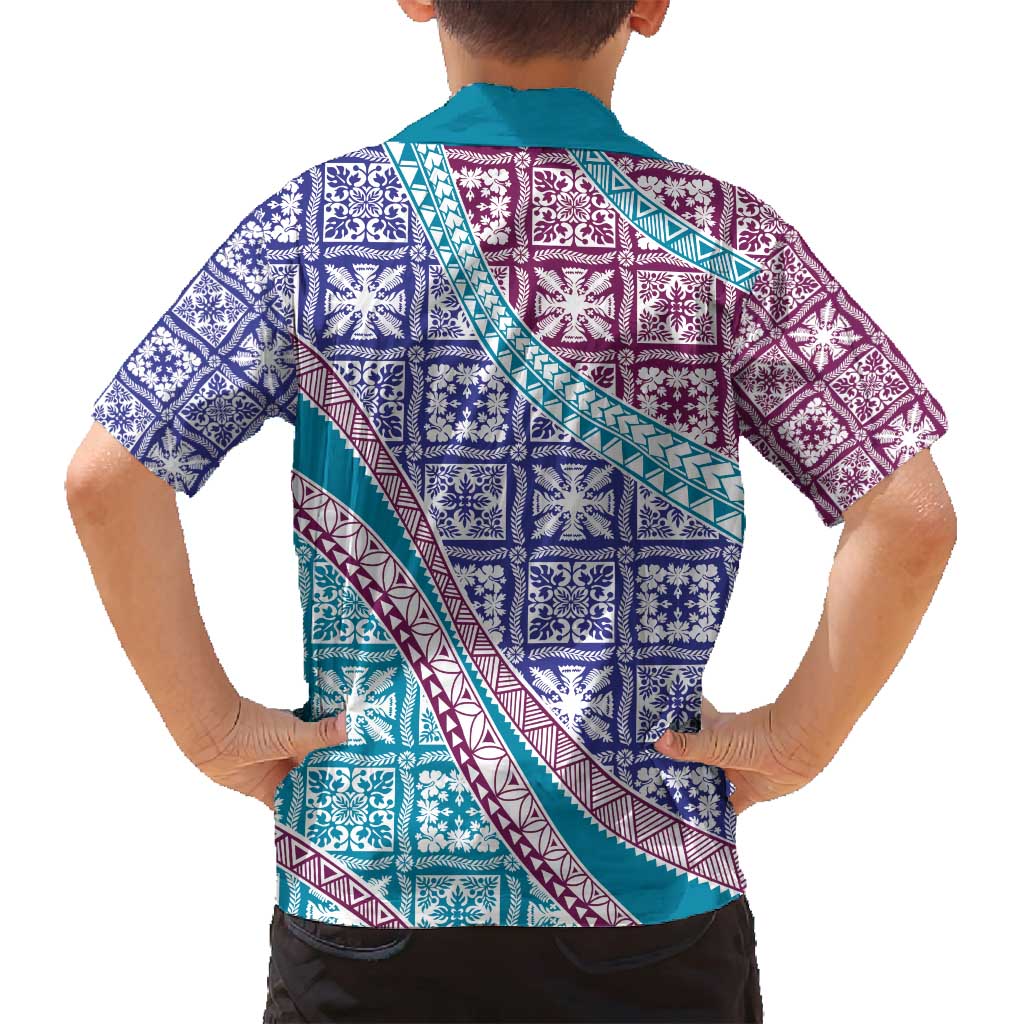 Hawaiian Quilt Pattern Family Matching Puletasi and Hawaiian Shirt Purple Blue Color Mixed - Polynesian Pride