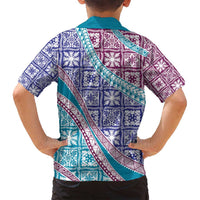 Hawaiian Quilt Pattern Family Matching Puletasi and Hawaiian Shirt Purple Blue Color Mixed - Polynesian Pride