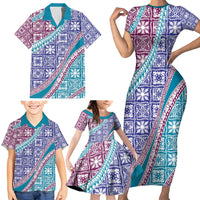 Hawaiian Quilt Pattern Family Matching Short Sleeve Bodycon Dress and Hawaiian Shirt Purple Blue Color Mixed - Polynesian Pride
