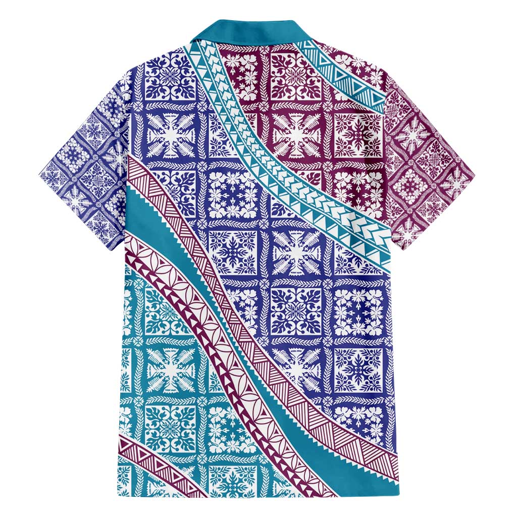 Hawaiian Quilt Pattern Family Matching Short Sleeve Bodycon Dress and Hawaiian Shirt Purple Blue Color Mixed - Polynesian Pride