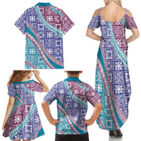 Hawaiian Quilt Pattern Family Matching Summer Maxi Dress and Hawaiian Shirt Purple Blue Color Mixed - Polynesian Pride