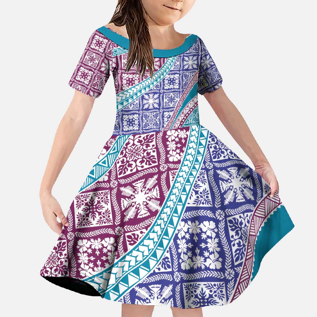 Hawaiian Quilt Pattern Family Matching Tank Maxi Dress and Hawaiian Shirt Purple Blue Color Mixed - Polynesian Pride