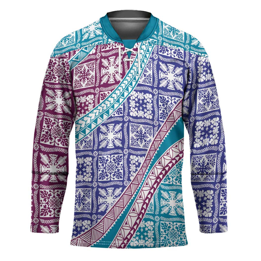 Hawaiian Quilt Pattern Hockey Jersey Purple Blue Color Mixed - Polynesian Pride