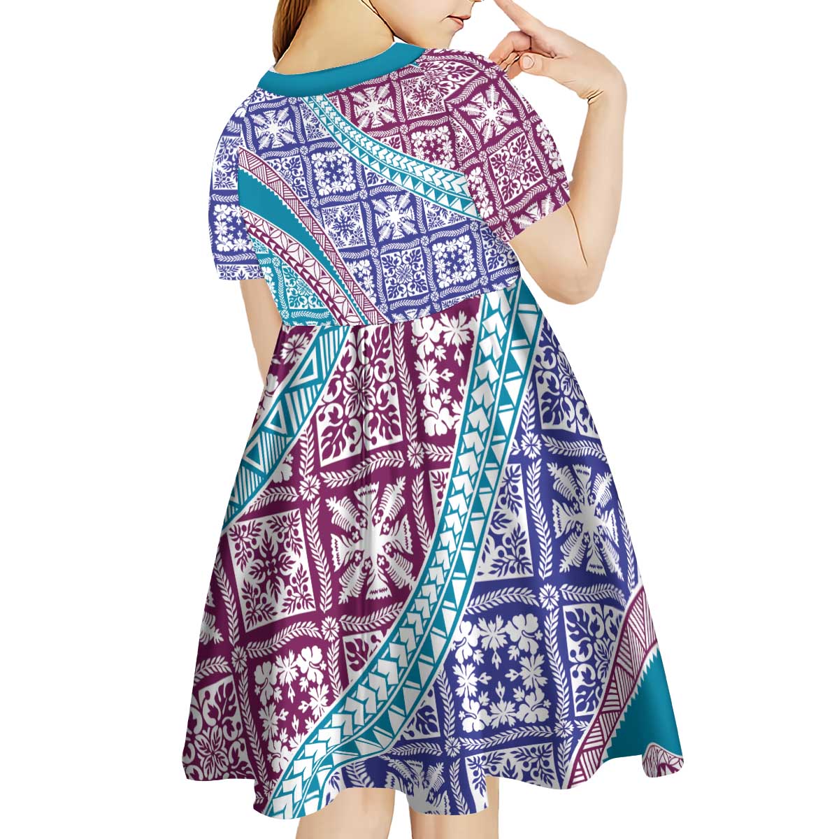 Hawaiian Quilt Pattern Kid Short Sleeve Dress Purple Blue Color Mixed - Polynesian Pride