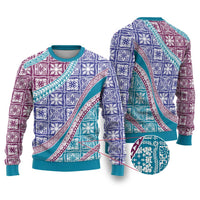Hawaiian Quilt Pattern Ugly Christmas Sweater Purple Blue Color Mixed - Polynesian Pride