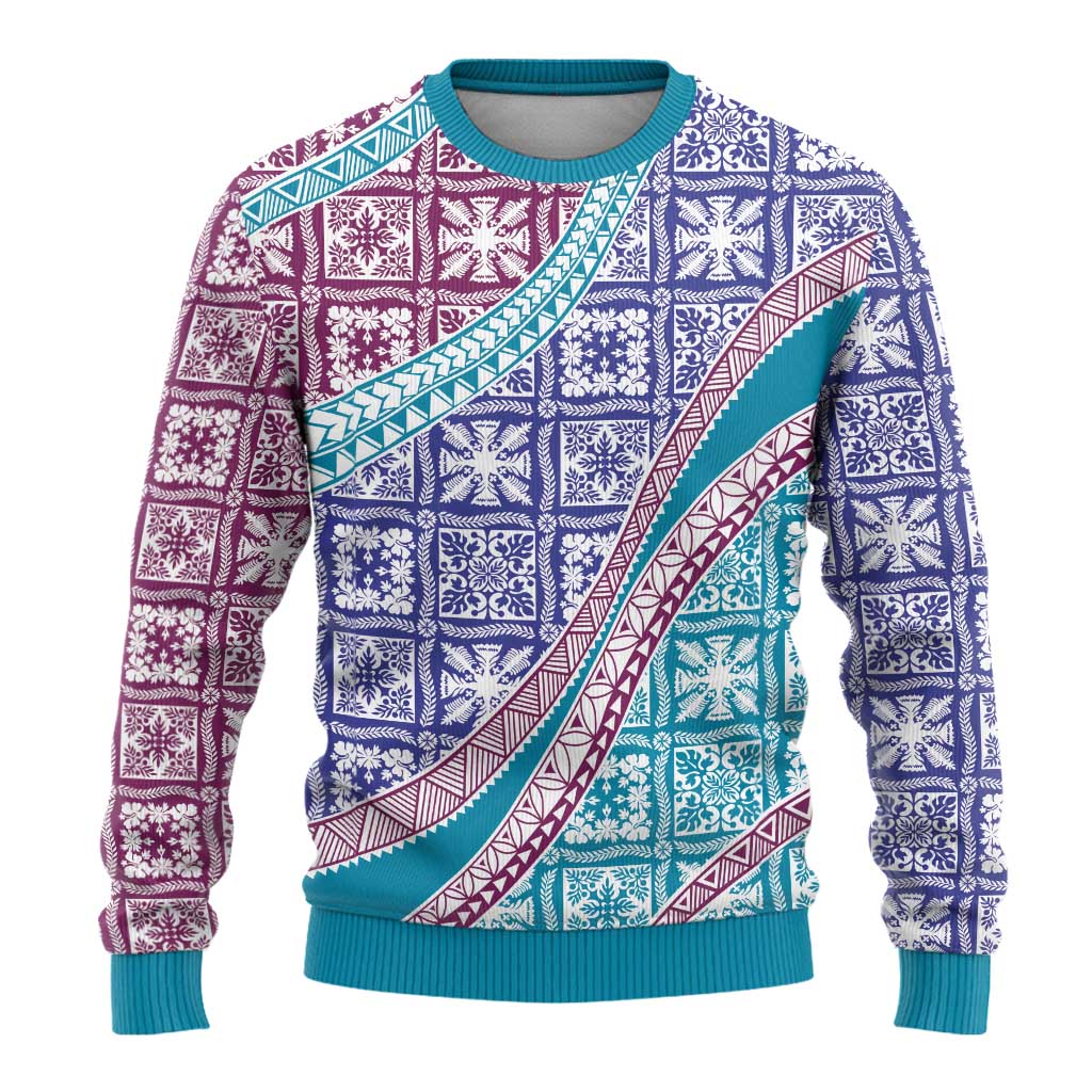 Hawaiian Quilt Pattern Ugly Christmas Sweater Purple Blue Color Mixed - Polynesian Pride