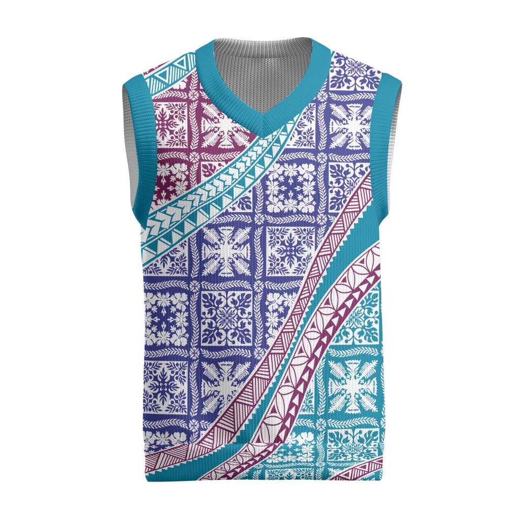 Hawaiian Quilt Pattern Christmas Knitted V-Neck Vest Purple Blue Color Mixed - Polynesian Pride