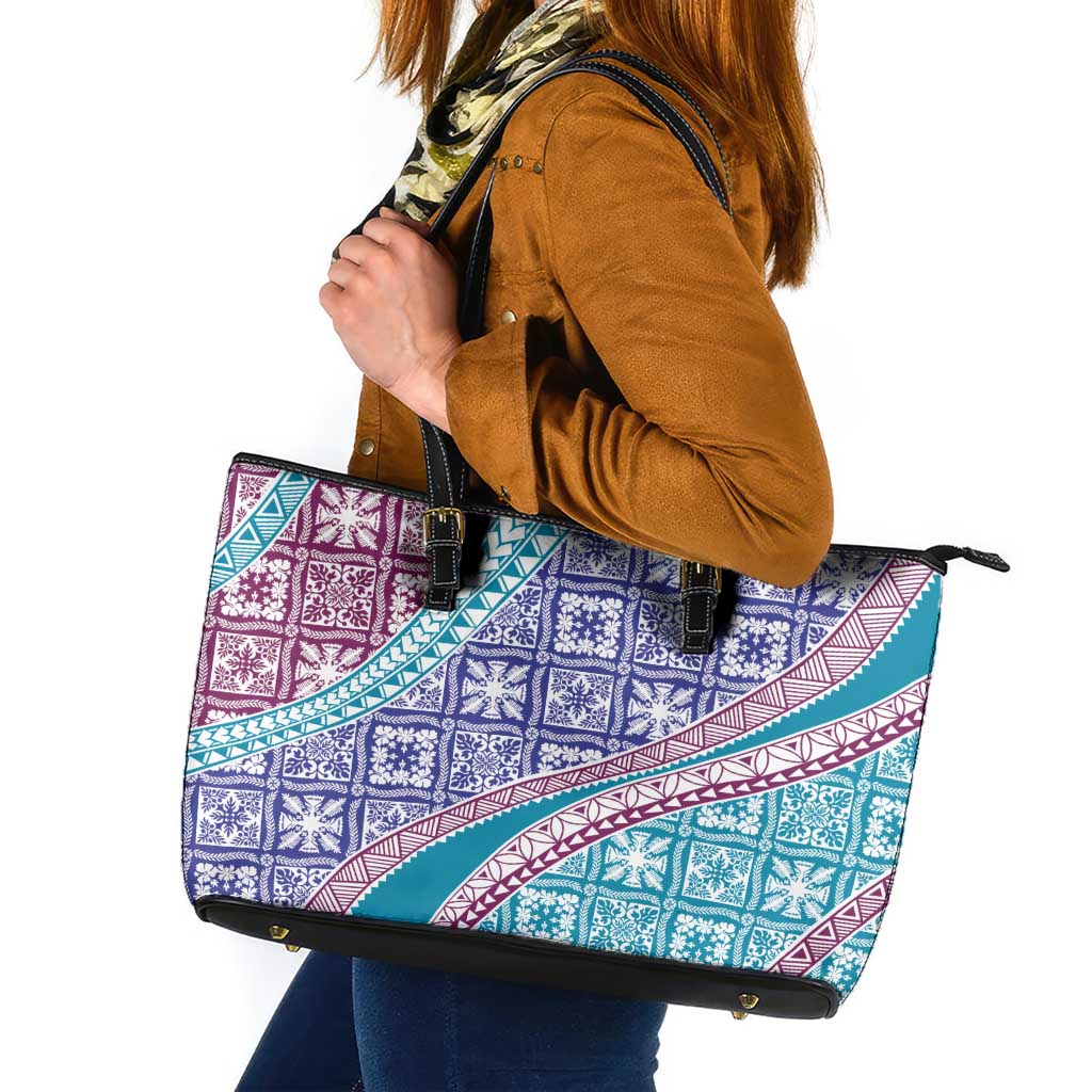 Hawaiian Quilt Pattern Leather Tote Bag Purple Blue Color Mixed - Polynesian Pride