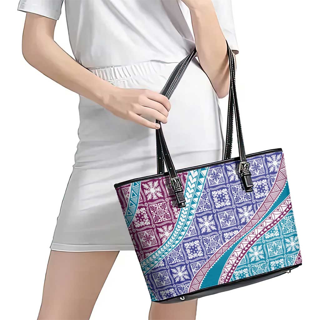 Hawaiian Quilt Pattern Leather Tote Bag Purple Blue Color Mixed - Polynesian Pride