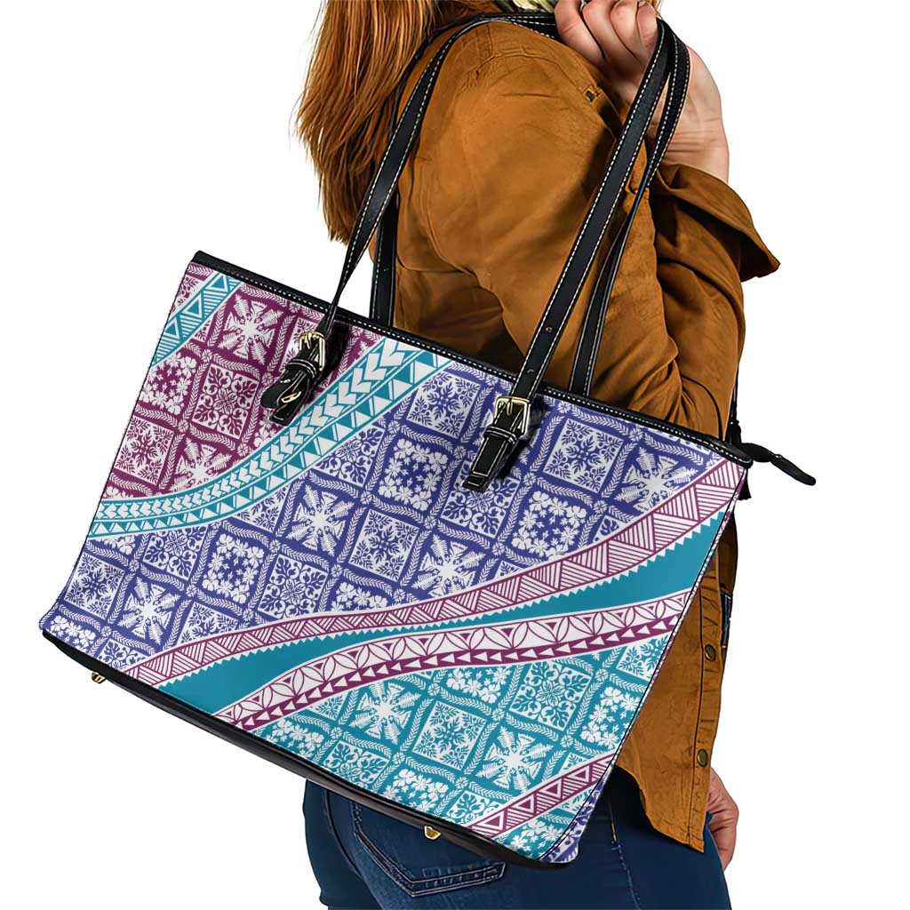 Hawaiian Quilt Pattern Leather Tote Bag Purple Blue Color Mixed - Polynesian Pride
