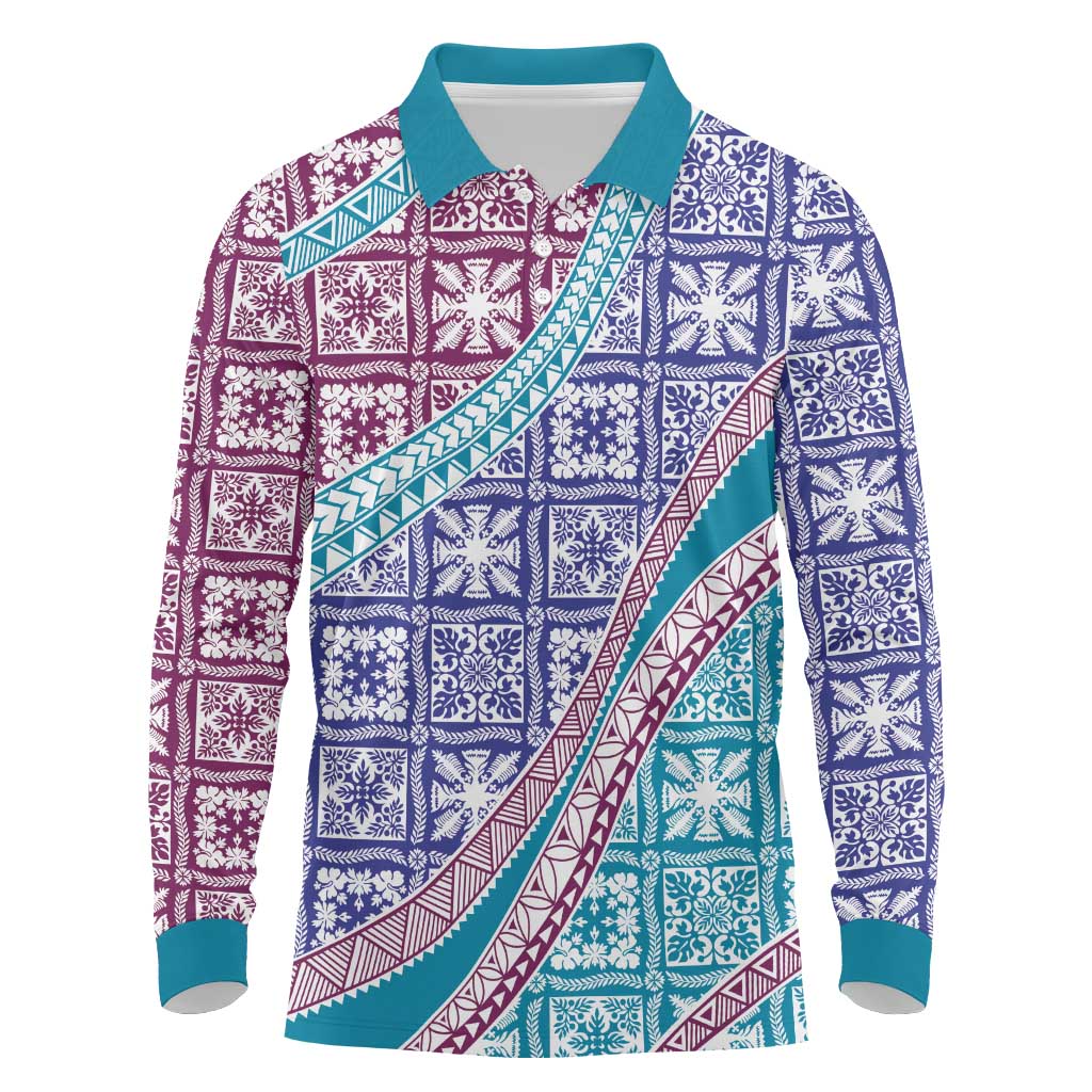 Hawaiian Quilt Pattern Long Sleeve Polo Shirt Purple Blue Color Mixed - Polynesian Pride