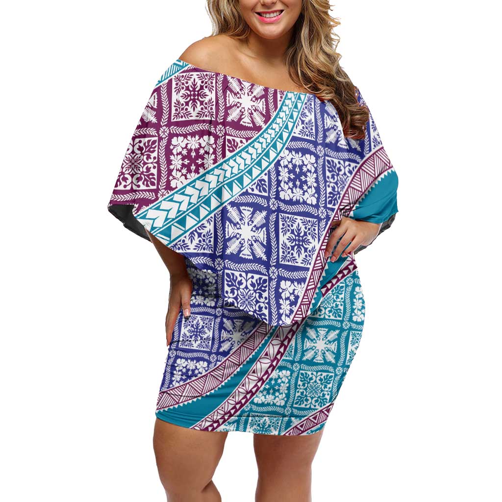 Hawaiian Quilt Pattern Off Shoulder Short Dress Purple Blue Color Mixed - Polynesian Pride