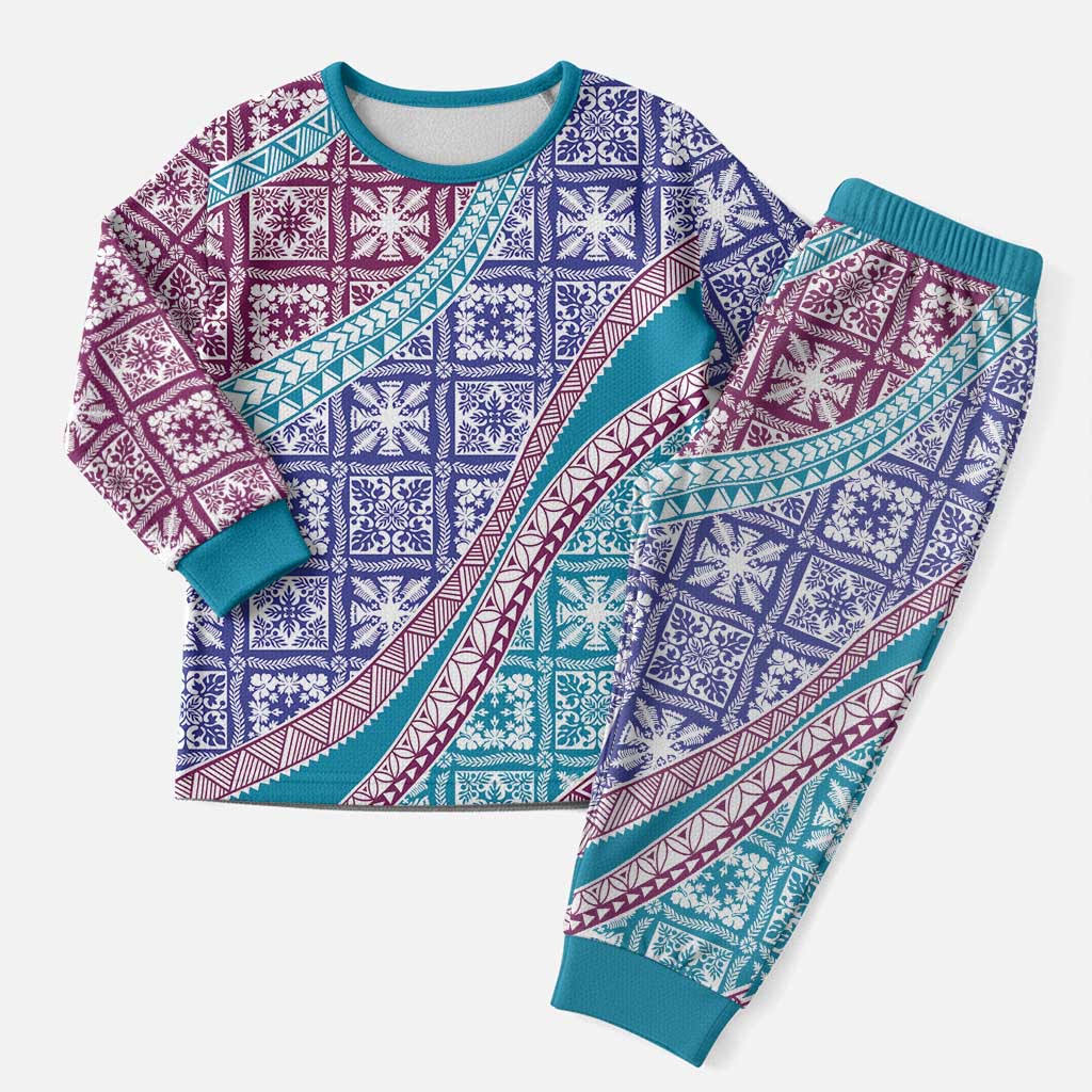 Hawaiian Quilt Pattern Christmas Pajama Set Purple Blue Color Mixed - Polynesian Pride