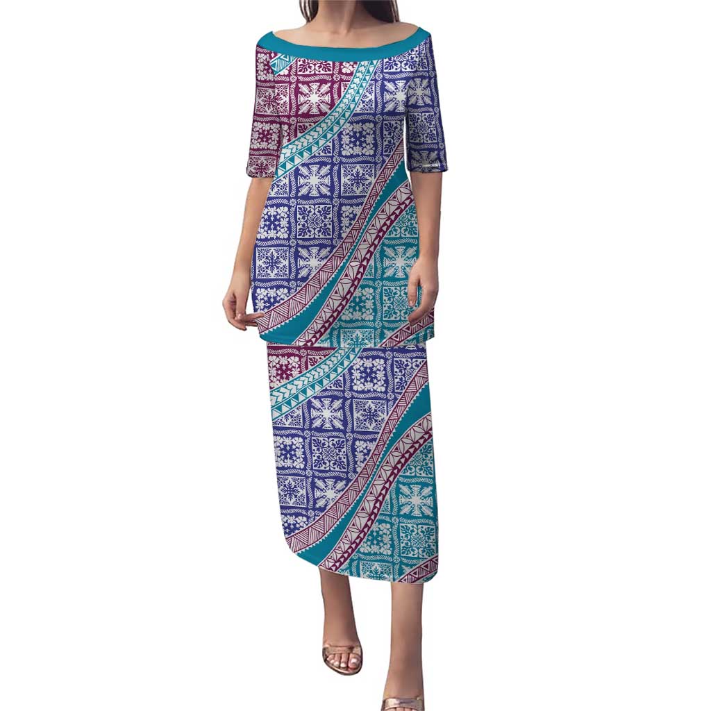 Hawaiian Quilt Pattern Puletasi Purple Blue Color Mixed - Polynesian Pride