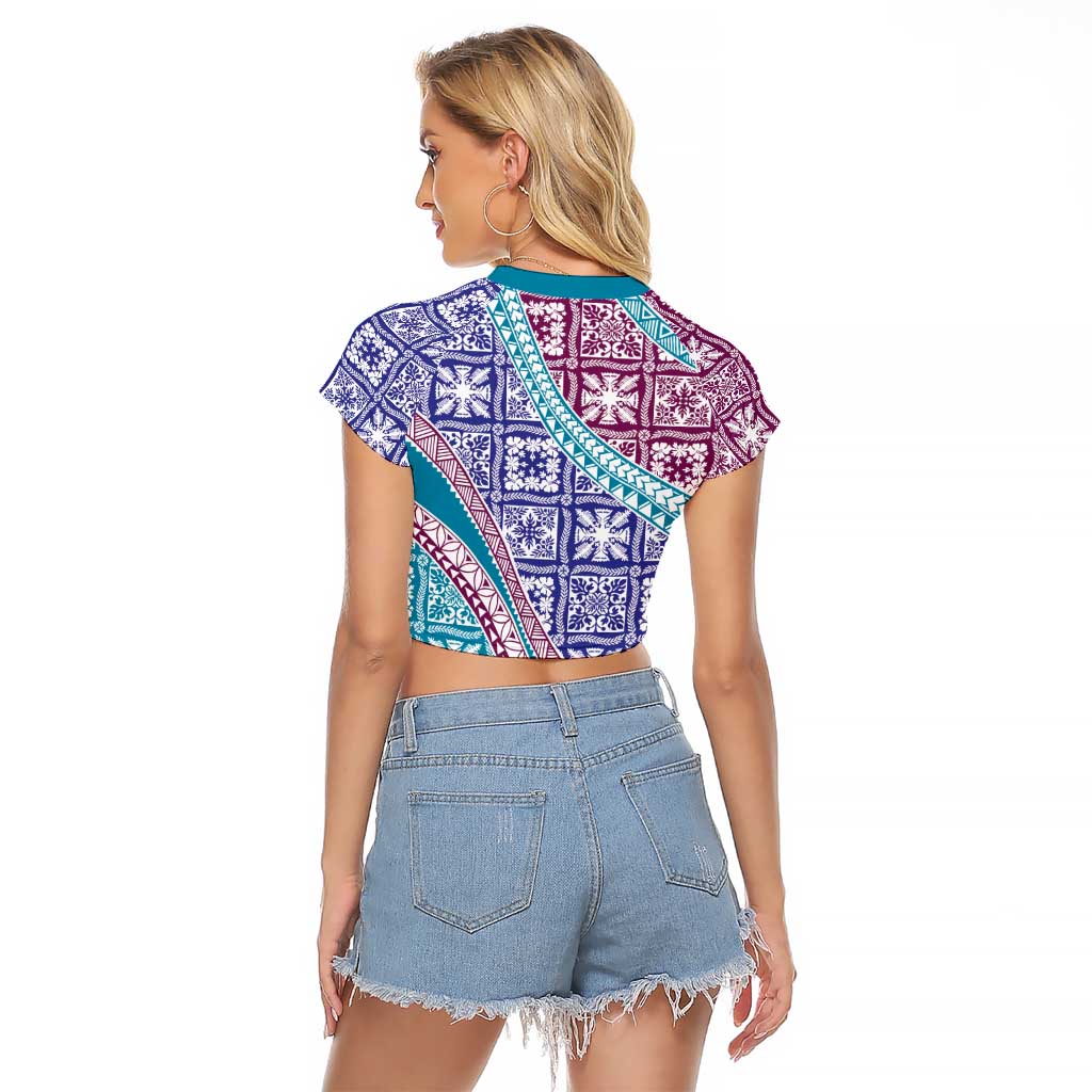 Hawaiian Quilt Pattern Raglan Cropped T Shirt Purple Blue Color Mixed - Polynesian Pride