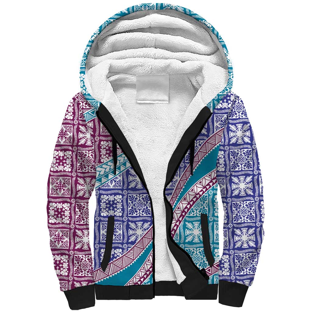 Hawaiian Quilt Pattern Sherpa Hoodie Purple Blue Color Mixed - Polynesian Pride