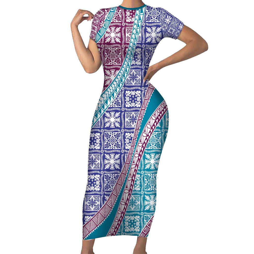 Hawaiian Quilt Pattern Short Sleeve Bodycon Dress Purple Blue Color Mixed - Polynesian Pride