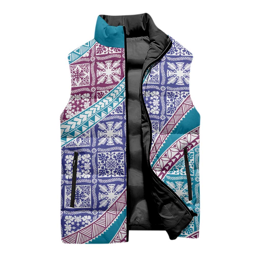 Hawaiian Quilt Pattern Sleeveless Puffer Jacket Purple Blue Color Mixed - Polynesian Pride
