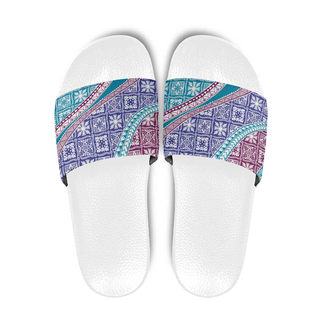 Hawaiian Quilt Pattern Slide Sandals Purple Blue Color Mixed - Polynesian Pride