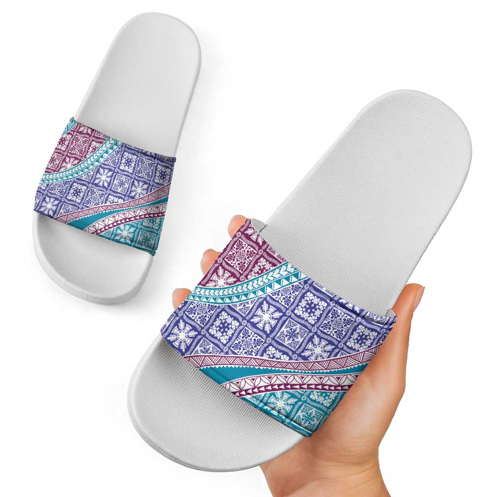 Hawaiian Quilt Pattern Slide Sandals Purple Blue Color Mixed - Polynesian Pride