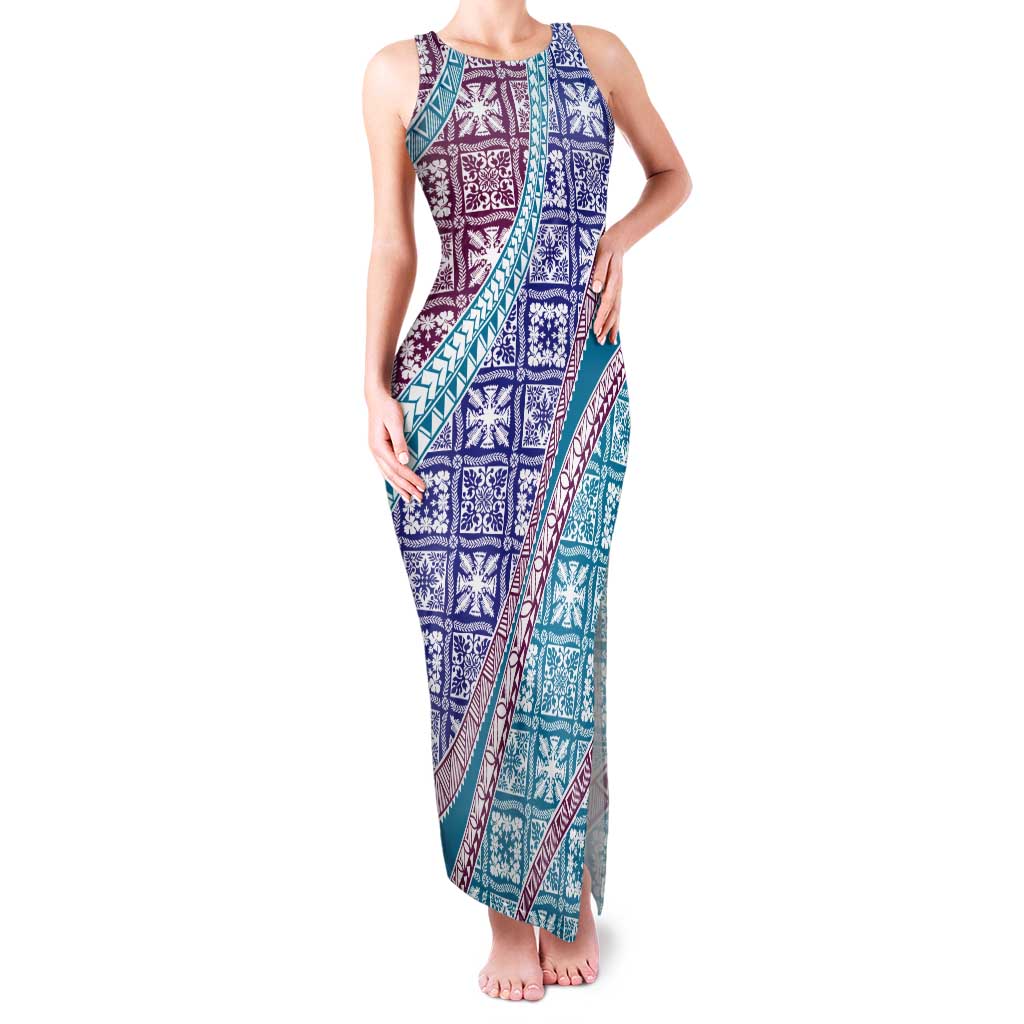 Hawaiian Quilt Pattern Tank Maxi Dress Purple Blue Color Mixed - Polynesian Pride