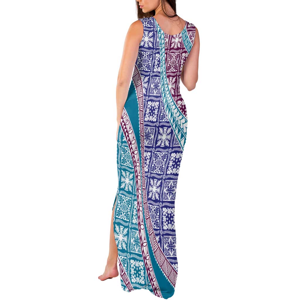 Hawaiian Quilt Pattern Tank Maxi Dress Purple Blue Color Mixed - Polynesian Pride