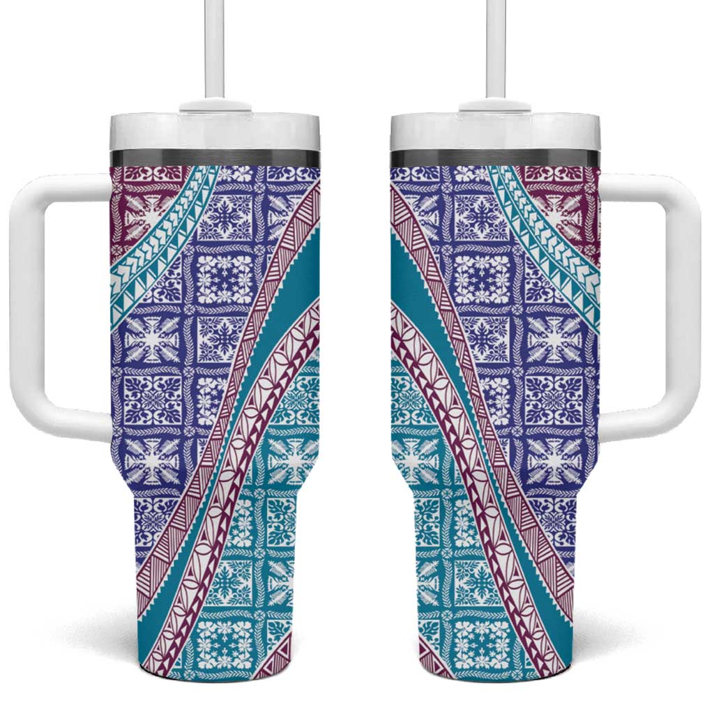 Hawaiian Quilt Pattern Tumbler With Handle Purple Blue Color Mixed - Polynesian Pride