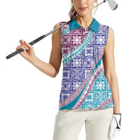 Hawaiian Quilt Pattern Women Sleeveless Polo Shirt Purple Blue Color Mixed - Polynesian Pride