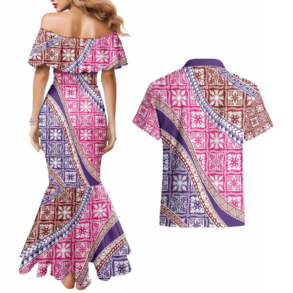 Hawaiian Quilt Pattern Couples Matching Mermaid Dress and Hawaiian Shirt Sweet Color Mixed - Polynesian Pride