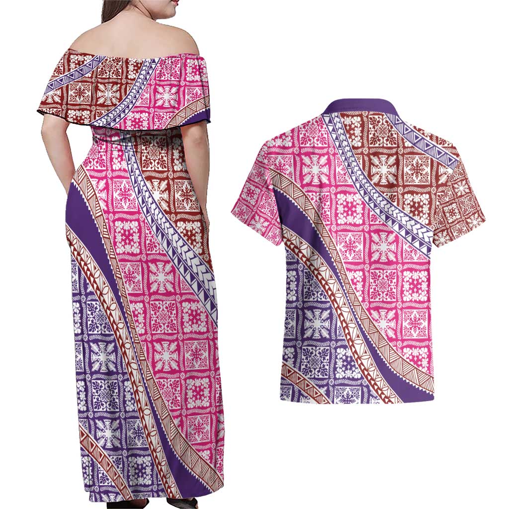 Hawaiian Quilt Pattern Couples Matching Off Shoulder Maxi Dress and Hawaiian Shirt Sweet Color Mixed - Polynesian Pride