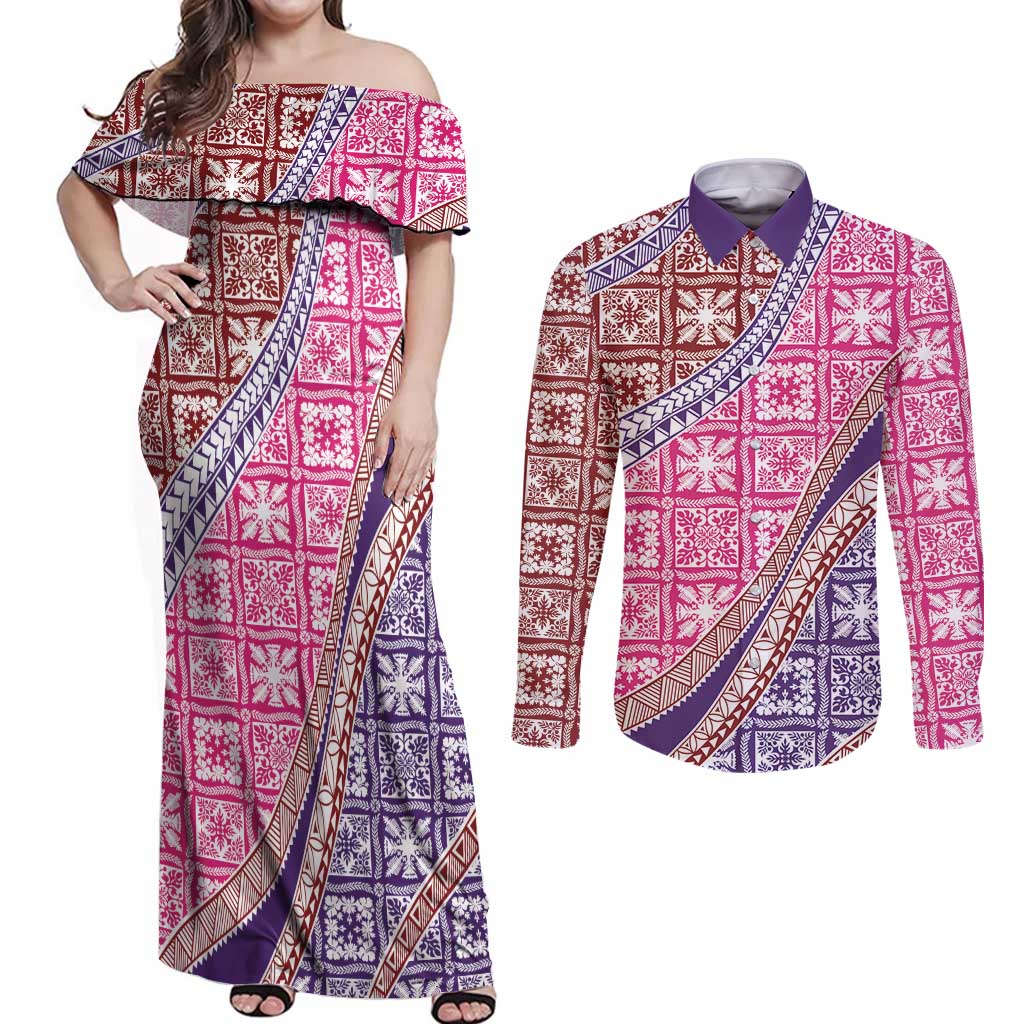 Hawaiian Quilt Pattern Couples Matching Off Shoulder Maxi Dress and Long Sleeve Button Shirt Sweet Color Mixed - Polynesian Pride