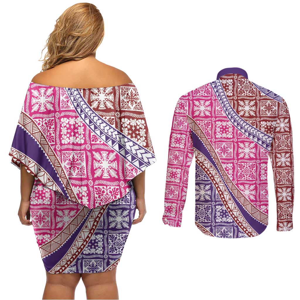Hawaiian Quilt Pattern Couples Matching Off Shoulder Short Dress and Long Sleeve Button Shirt Sweet Color Mixed - Polynesian Pride