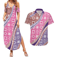 Hawaiian Quilt Pattern Couples Matching Summer Maxi Dress and Hawaiian Shirt Sweet Color Mixed - Polynesian Pride