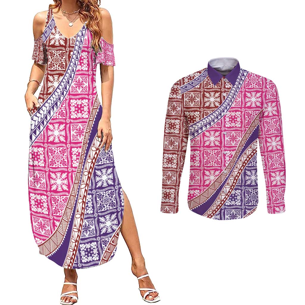 Hawaiian Quilt Pattern Couples Matching Summer Maxi Dress and Long Sleeve Button Shirt Sweet Color Mixed - Polynesian Pride
