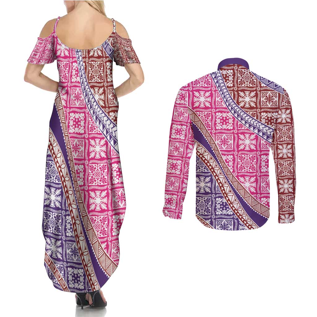 Hawaiian Quilt Pattern Couples Matching Summer Maxi Dress and Long Sleeve Button Shirt Sweet Color Mixed - Polynesian Pride