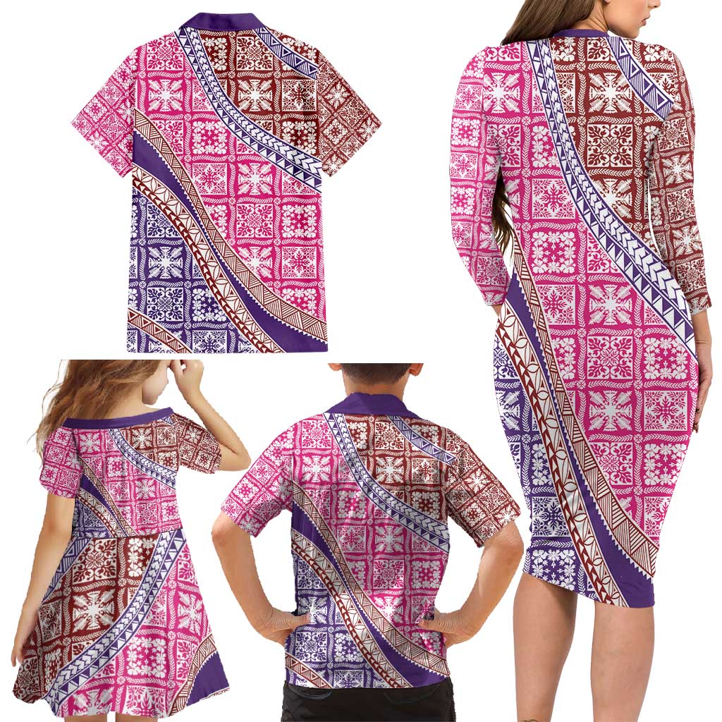 Hawaiian Quilt Pattern Family Matching Long Sleeve Bodycon Dress and Hawaiian Shirt Sweet Color Mixed - Polynesian Pride