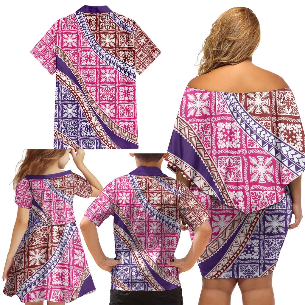 Hawaiian Quilt Pattern Family Matching Off Shoulder Short Dress and Hawaiian Shirt Sweet Color Mixed - Polynesian Pride