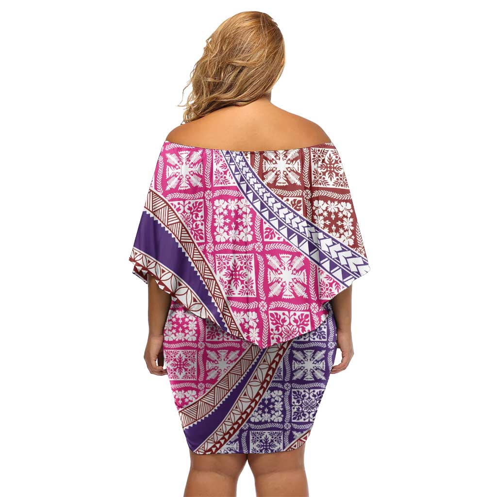Hawaiian Quilt Pattern Family Matching Off Shoulder Short Dress and Hawaiian Shirt Sweet Color Mixed - Polynesian Pride