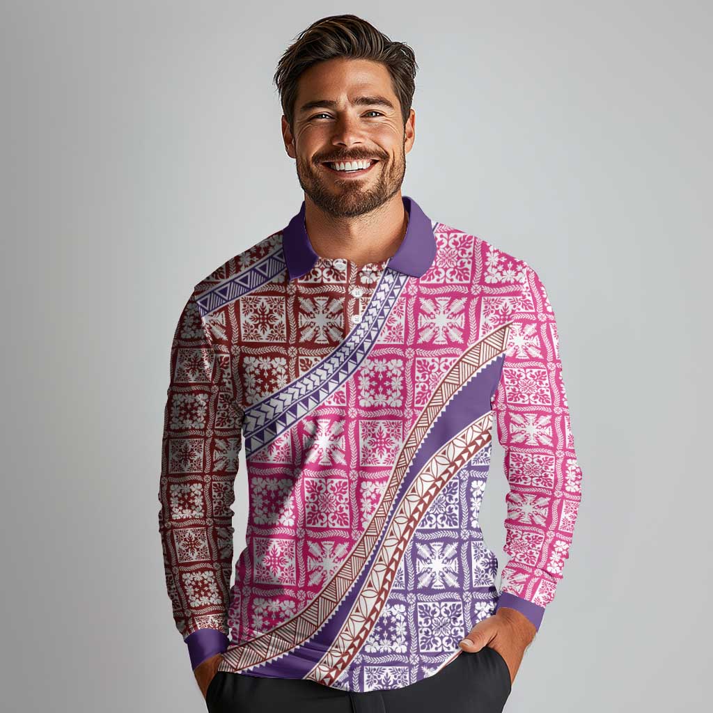 Hawaiian Quilt Pattern Long Sleeve Polo Shirt Sweet Color Mixed - Polynesian Pride