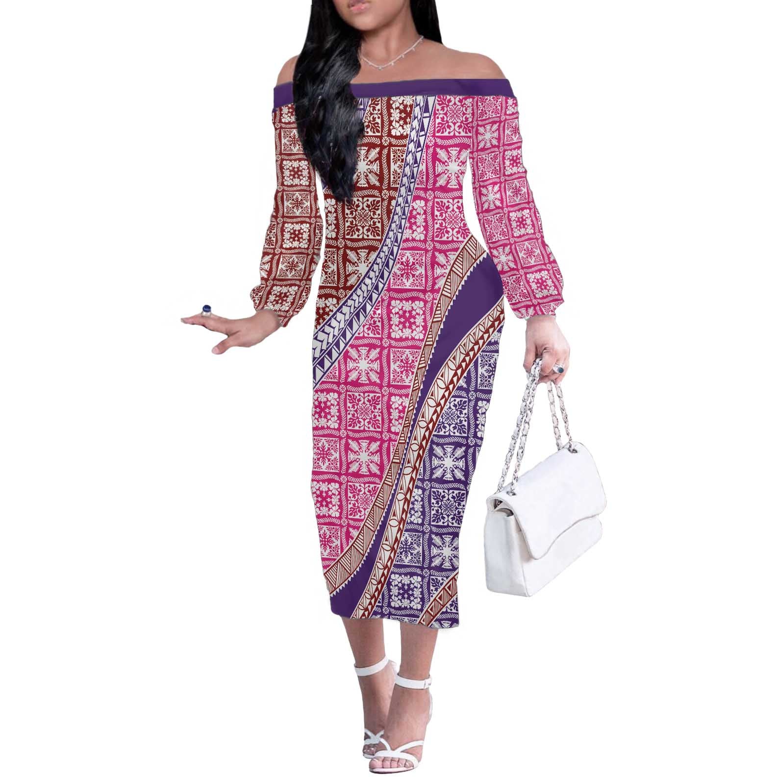 Hawaiian Quilt Pattern Off The Shoulder Long Sleeve Dress Sweet Color Mixed - Polynesian Pride