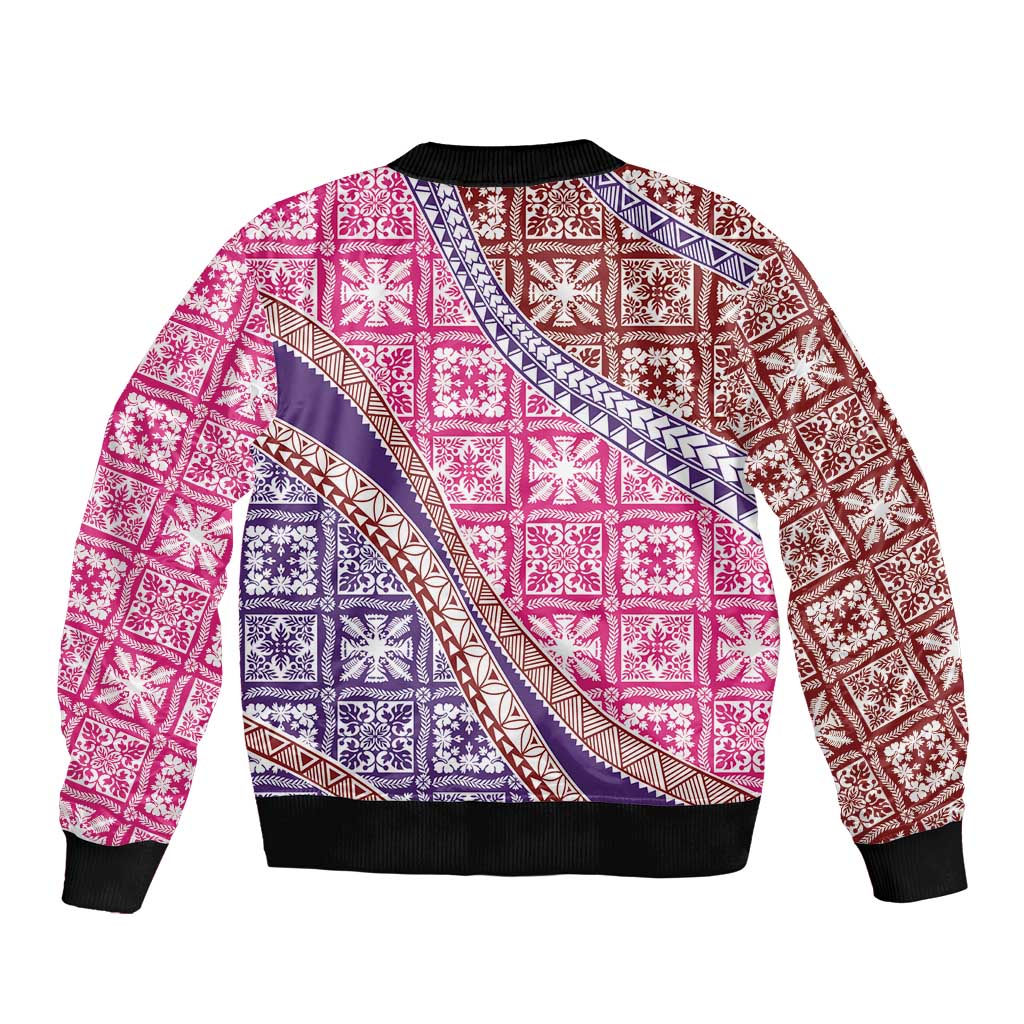 Hawaiian Quilt Pattern Sleeve Zip Bomber Jacket Sweet Color Mixed - Polynesian Pride