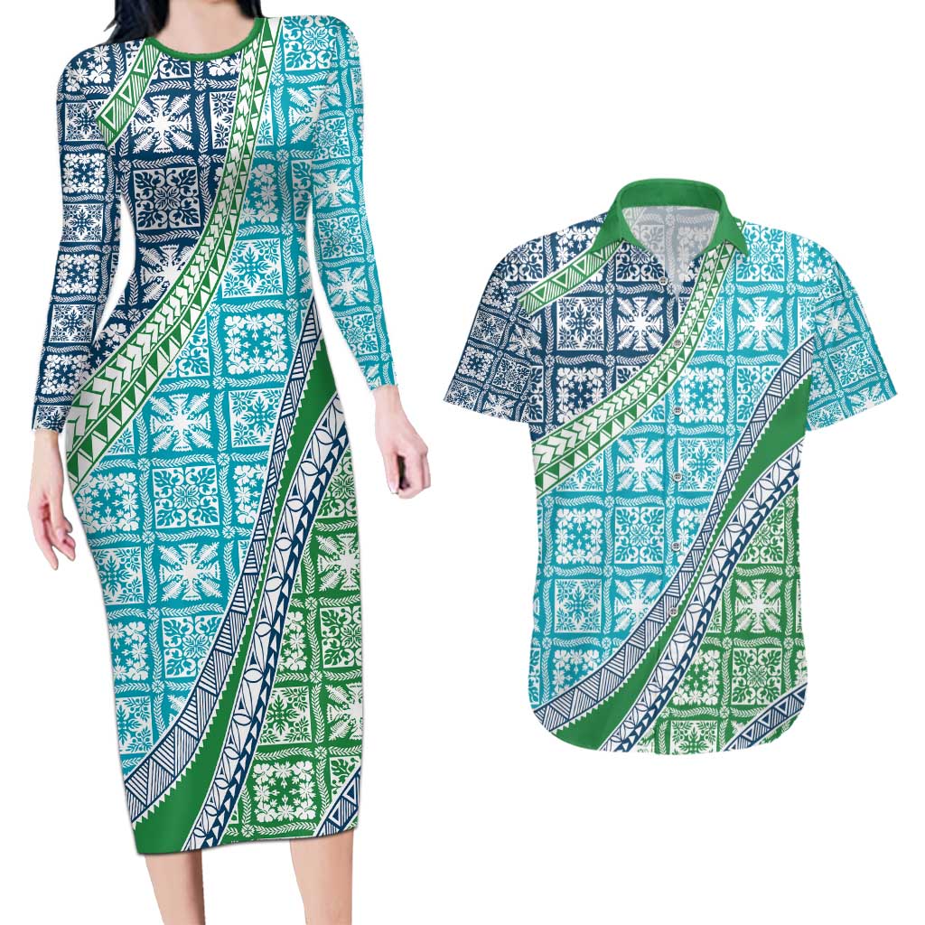 Hawaiian Quilt Pattern Couples Matching Long Sleeve Bodycon Dress and Hawaiian Shirt Fresh Color Mixed - Polynesian Pride
